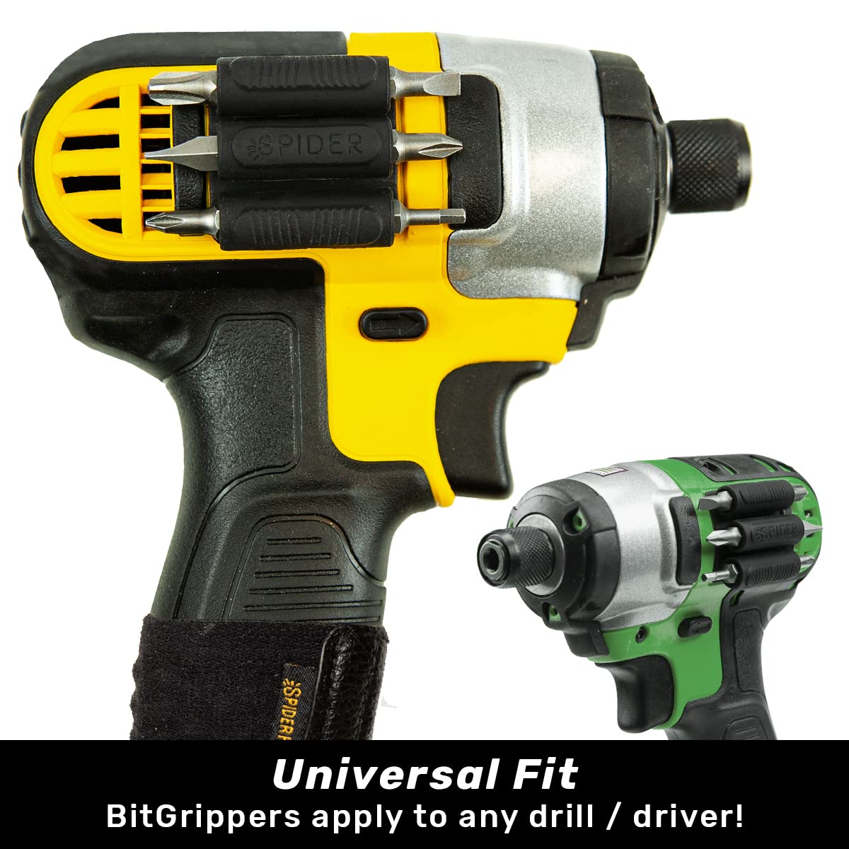 Spider Tool Holster - BitGripper v2 - Pack of Four - High Strength 3M Adhesive Drill add-on for Easy Access to six Driver bits on The Side of Your Power Drill or Driver!