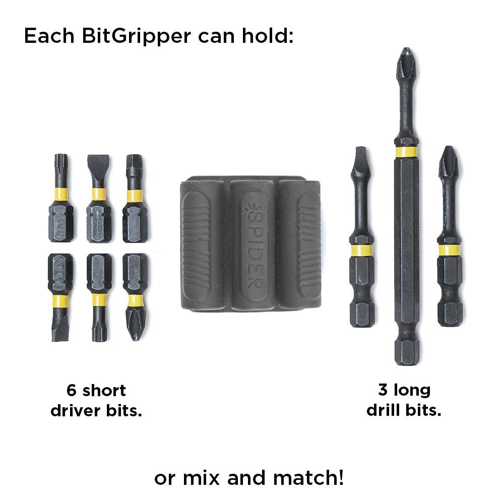 Spider Tool Holster - BitGripper v2 - Pack of Four - High Strength 3M Adhesive Drill add-on for Easy Access to six Driver bits on The Side of Your Power Drill or Driver!