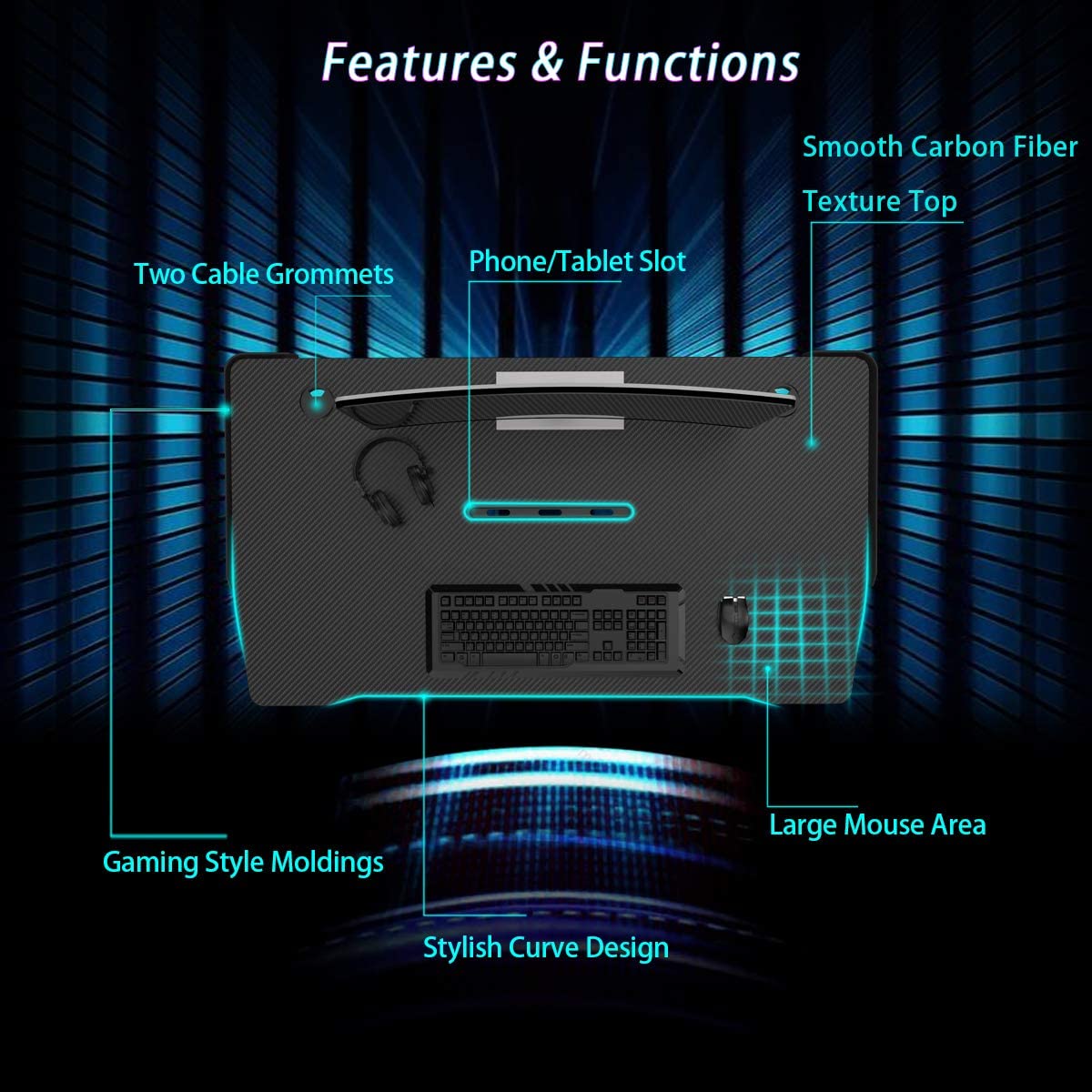 It's_Organized Student Computer Desk,44 X 24 Inches Home Office Study Writing Desk,PC Laptop Gaming Workstation with Free Mouse Pad,Carbon Fiber Desktop,Device Stand Slot,Power Socket Box