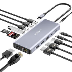lasuney usb c laptop docking station dual monitor, 14 in 1 usb c hub multiport adapter dongle with 2 hdmi, displayport, rj45, sd/tf, usb c/a ports, pd, mic/audio, compatible for macbook dell hp lenovo