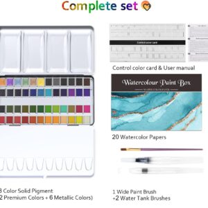 Emooqi Watercolor Paint Set, 48 Colors with 6 Metallic Colors,Hook Line Pens,Water Brushes and Water Color Papers for Artists and Beginners,Art Supplies for Painting and Watercolor Techniques