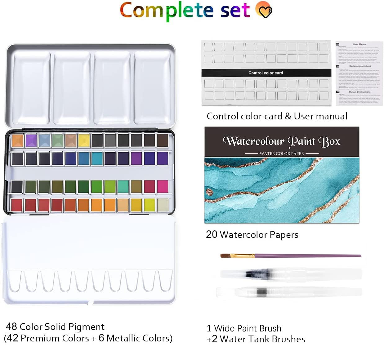 Emooqi Watercolor Paint Set, 48 Colors with 6 Metallic Colors,Hook Line Pens,Water Brushes and Water Color Papers for Artists and Beginners,Art Supplies for Painting and Watercolor Techniques