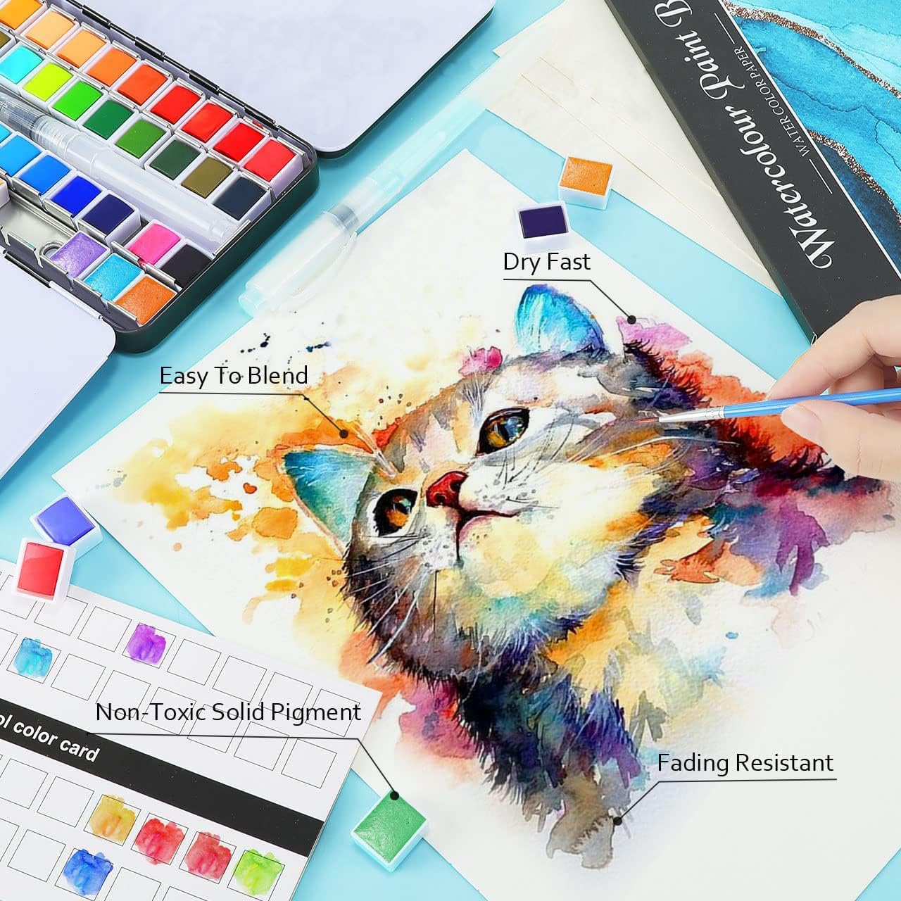 Emooqi Watercolor Paint Set, 48 Colors with 6 Metallic Colors,Hook Line Pens,Water Brushes and Water Color Papers for Artists and Beginners,Art Supplies for Painting and Watercolor Techniques