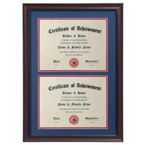 elsker&home double certificate frame-cherry wood color - 2.0mm panels-made for document&diploma for two 8.5x11 inch with mat and 14x20 inch without mat(double mat,navy with red rim)