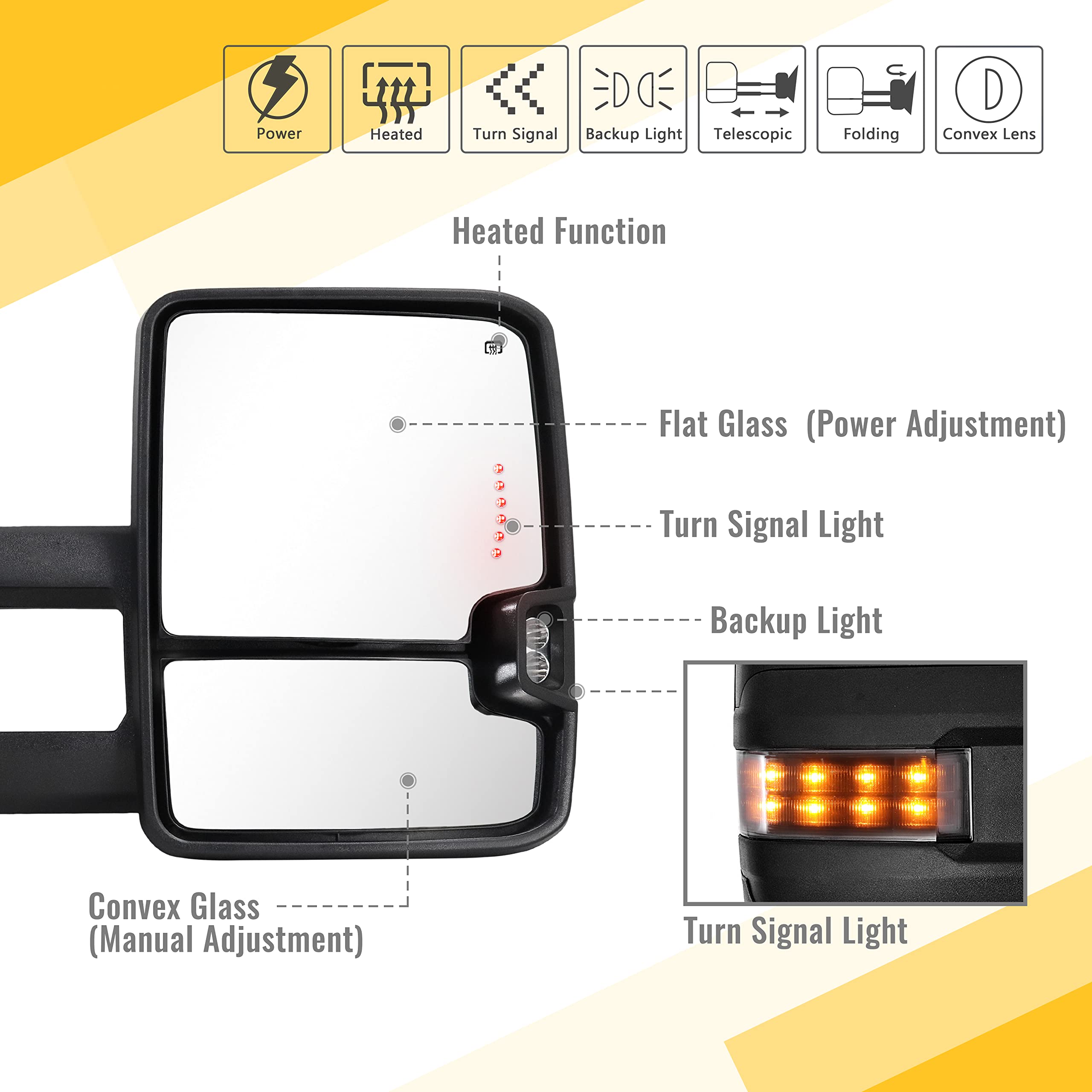 Towing Mirrors for 2007 2008 2009 2010 2011 2012 2013 Chevy Silverado Suburban Tahoe Avalanche GMC Sierra Yukon with Power Glass Turn Signal Light Backup Lamp Heated Extendable Pair