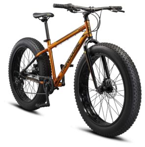mongoose argus st fat tire mountain bike for adult men women, 26-inch wheels, mechanical disc brakes, 17-inch steel hardtail frame, 7-speed, copper