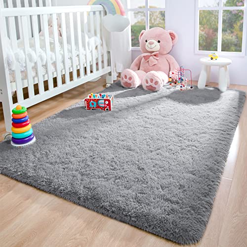 Foxmas Soft Fluffy Area Rugs for Bedroom Kids Room Plush Shaggy Nursery Rug Furry Throw Carpets for Boys Girls, College Dorm Fuzzy Rugs Living Room Home Decorate Rug, 4ft x 6ft, Grey