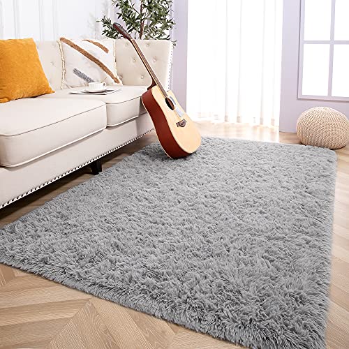 Foxmas Soft Fluffy Area Rugs for Bedroom Kids Room Plush Shaggy Nursery Rug Furry Throw Carpets for Boys Girls, College Dorm Fuzzy Rugs Living Room Home Decorate Rug, 4ft x 6ft, Grey