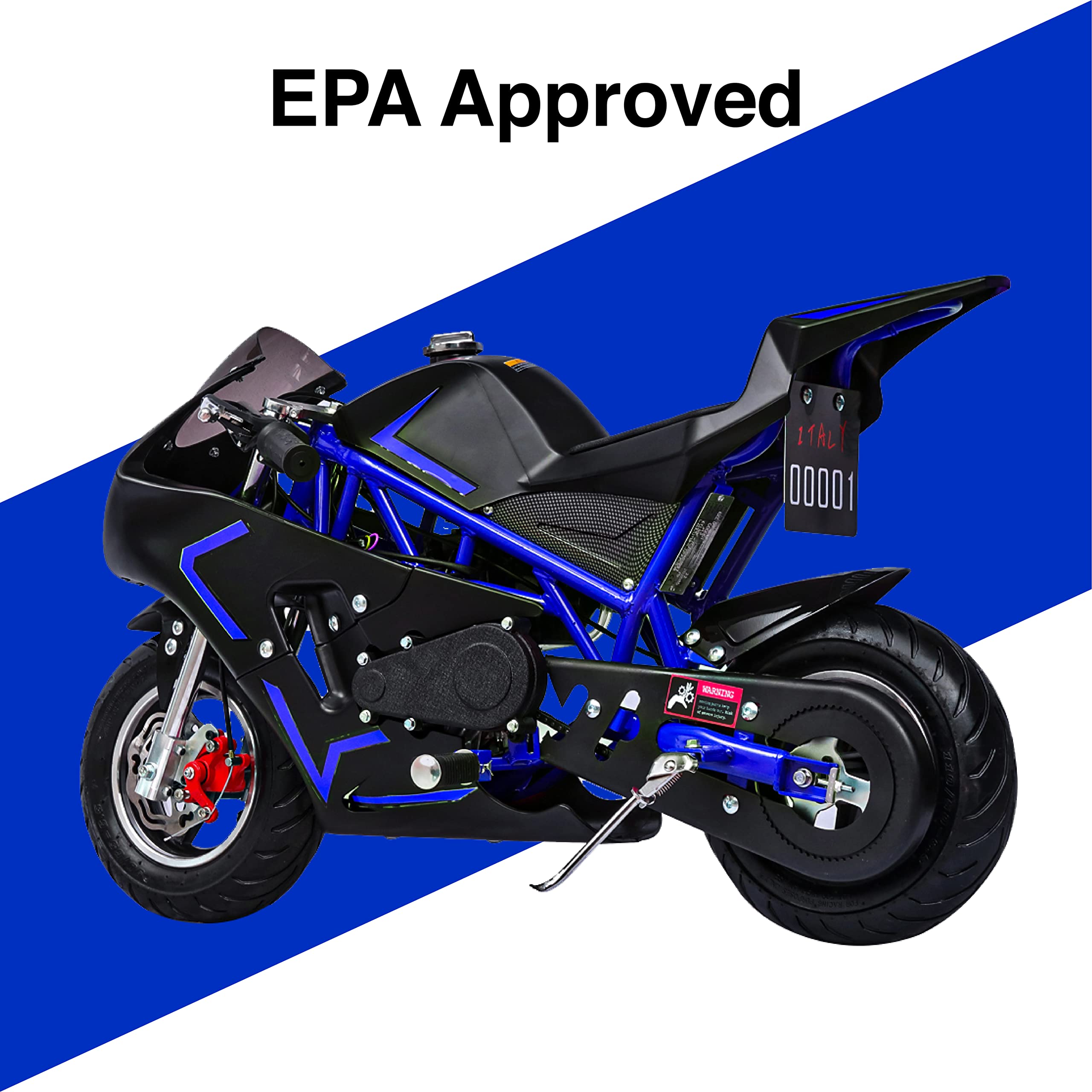 FRP 50cc 2 Stroke Pocket Bike 01, EPA Approved Mini Bike for Kids, Gas Pocket Bike W/Strong Dual Brake, Racing Rocket Max Speed 20 Mph, Realistic Mini Motorcycle Max Weight 165 LB