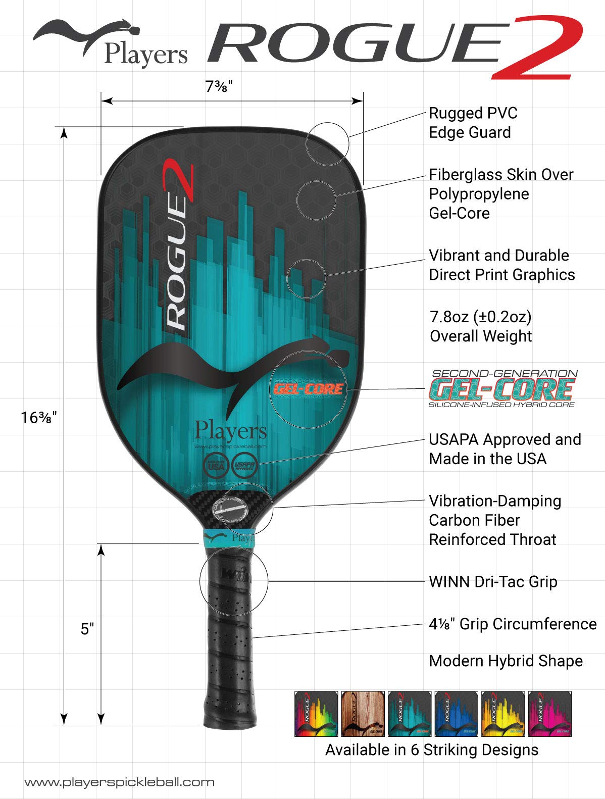 Rogue2 Second Generation Gel-Core Pickleball Paddle USAPA Approved and Made in The USA (Teal)