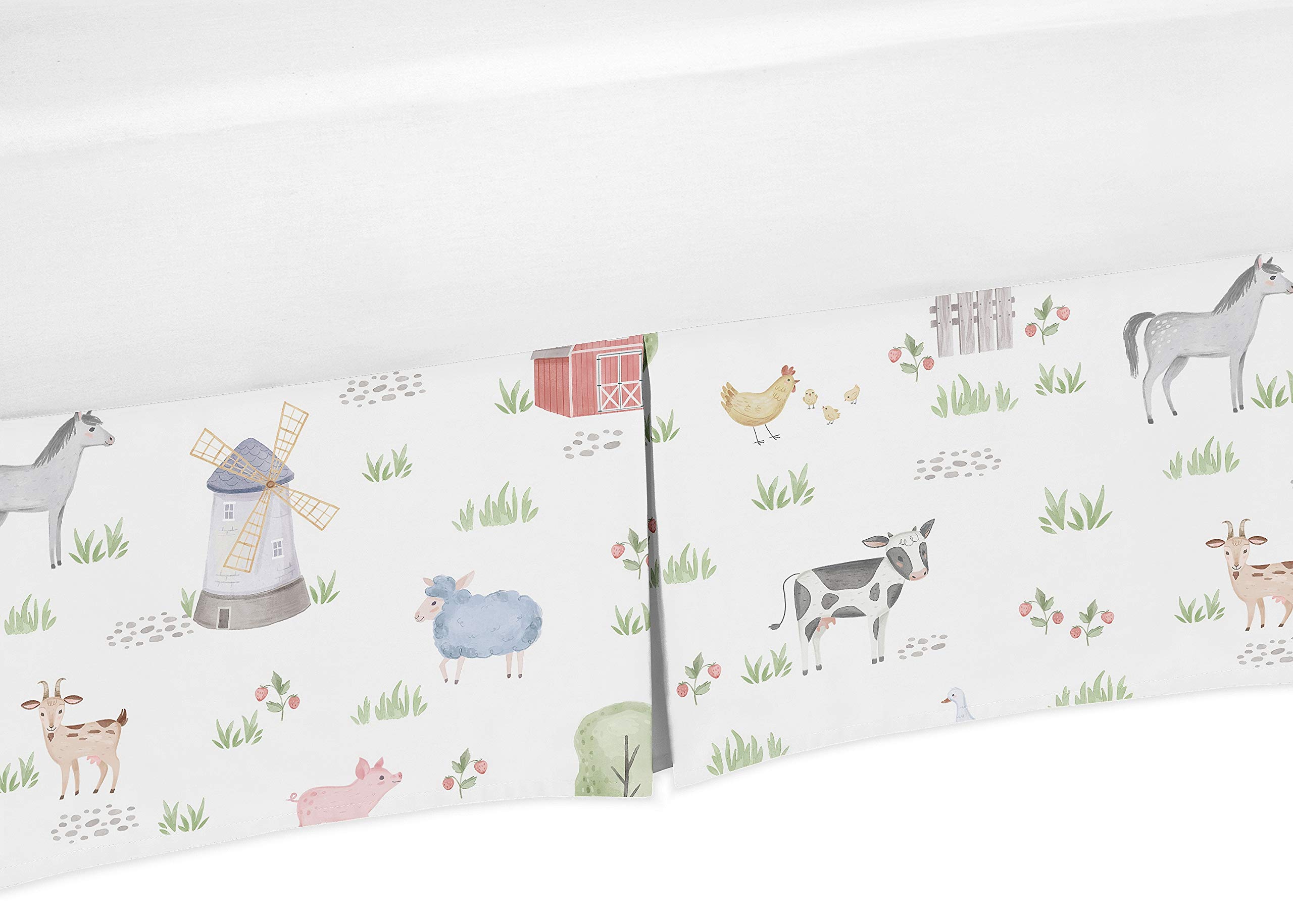 Sweet Jojo Designs Farm Animals Boy or Girl Pleated Baby Nursery Crib Bed Skirt Dust Ruffle - Watercolor Farmhouse Horse Cow Sheep Pig