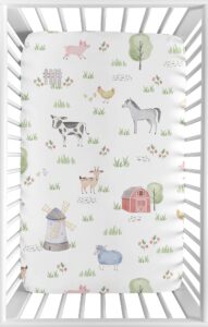 sweet jojo designs farm animals boy or girl fitted mini crib sheet baby nursery for portable crib or pack and play - watercolor farmhouse horse cow sheep pig