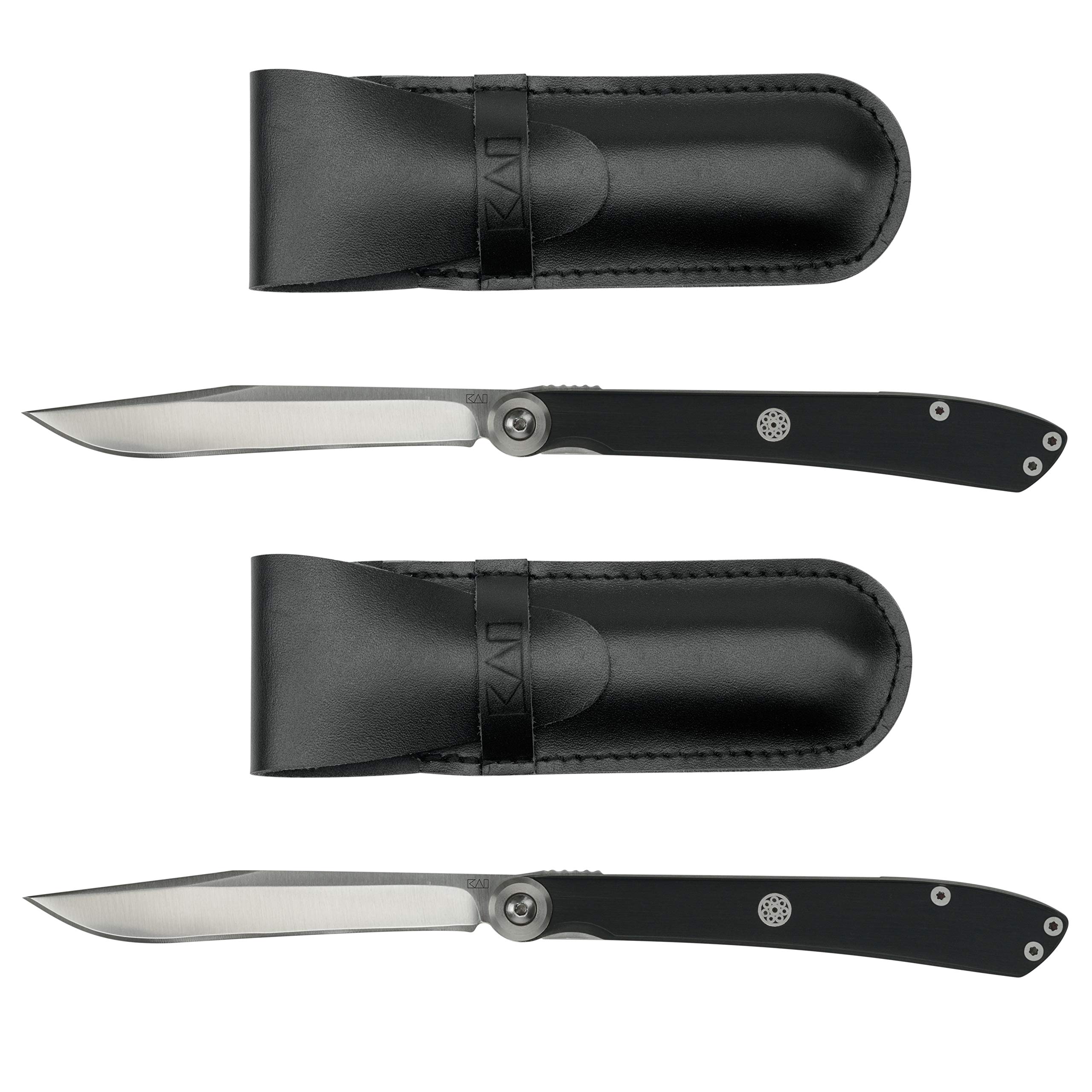 Kai Personal Steak Knife / Gentleman's Knife 3.25" (2 Pack), Folding Steak Knife, Includes Leather Sheath for Discreet Storage, Elegant Personal Dining & Kitchen Knife