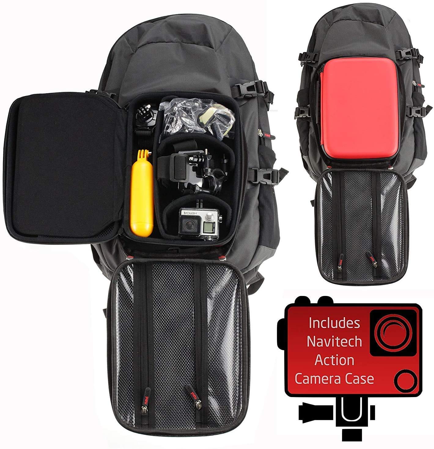 Navitech Action Camera Backpack & Red Storage Case With Integrated Chest Strap - Compatible With The AKASO V50 PRO Action Camera