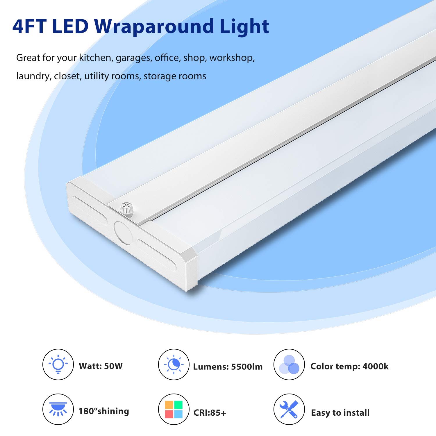 ANTLUX 4FT LED Light Fixtures 50W Wraparound LED Light 5500lm, 4000K Neutral White, Ultra Slim 48 inch Office Ceiling Wrap Light Flush Mount, 4 Foot LED Shop Light for Garage, Kitchen, Workshop