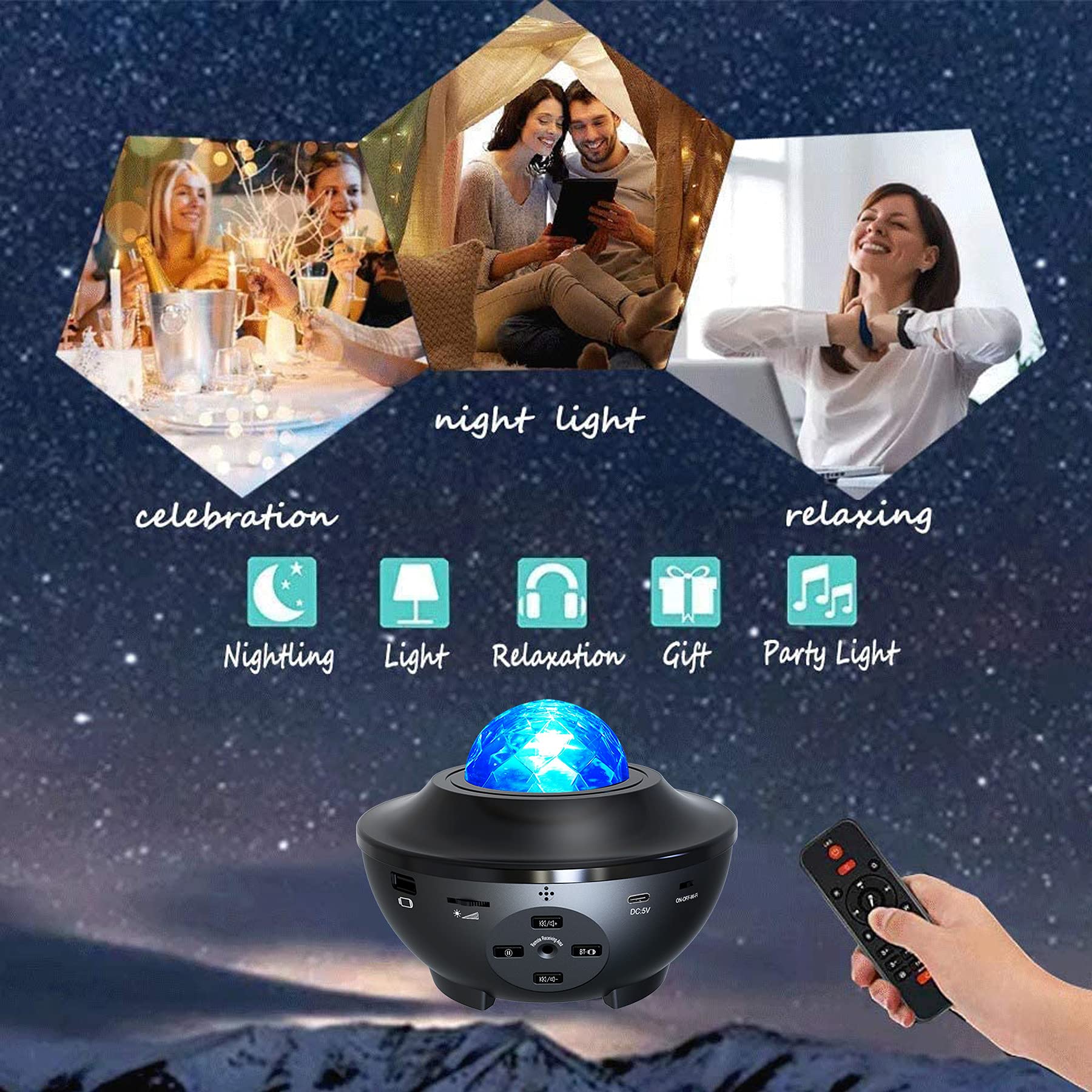 Elecstars Night Light, Star Projector with Bluetooth Speaker, Ocean Wave Bedside Lamp, Adjustable Lightness & Remote Control, Music Player, Living Room, Decor.