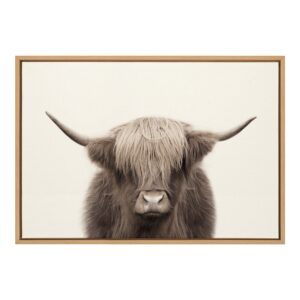 kate and laurel sylvie hey dude highland cow color framed canvas wall art by the creative bunch studio, 23x33 natural, chic animal art for wall