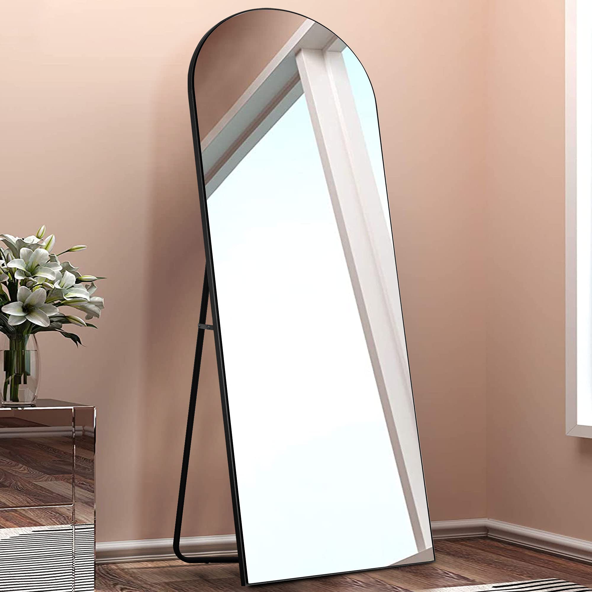 KIAYACI Full Length Floor Mirror with Standing Holder Large Wall Mounted Mirror Hanging Horizontal/Vertical Leaning Agaist Wall Bedroom Dressing Mirror Aluminum Alloy Frame (Black, 65" x 22")