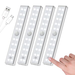 20-led motion sensor closet lights dimmable led closet light ，rechargeable under cabinet lighting stick-on anywhere night light bar for cupboard, hallway, stairs, kitchen, bedroom, 4 pack