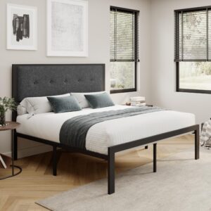 allewie full size bed frame with upholstered button tufted headboard, platform bed frame with 12.4" underbed storage, no box spring needed,noise free, easy assembly, dark grey