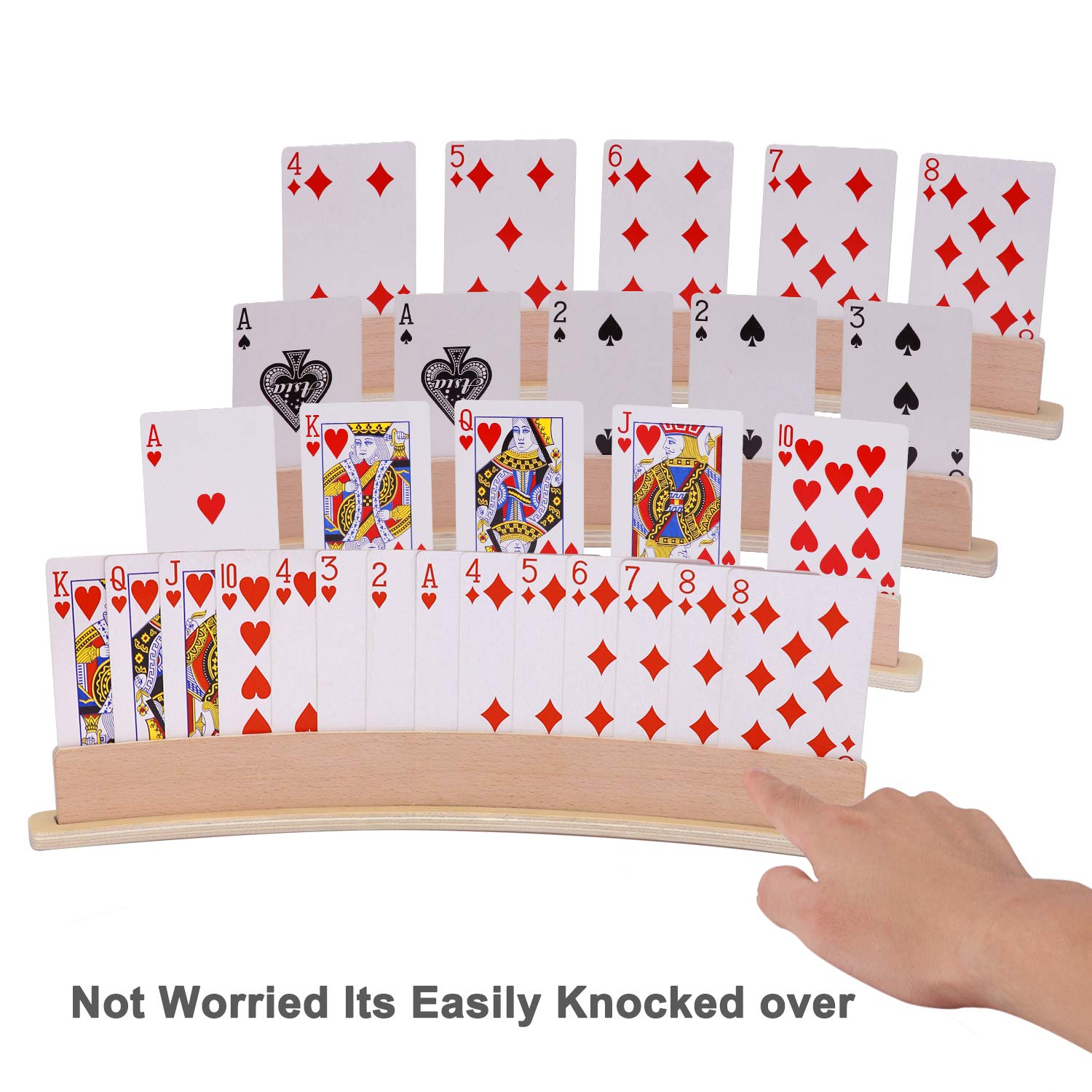 Exqline Wood Curved Playing Card Holder Racks Tray Set of 4 for Kids Seniors Adults - 13.4inch with Widen Base Stable Enough for for Bridge Canasta Foot and Hand