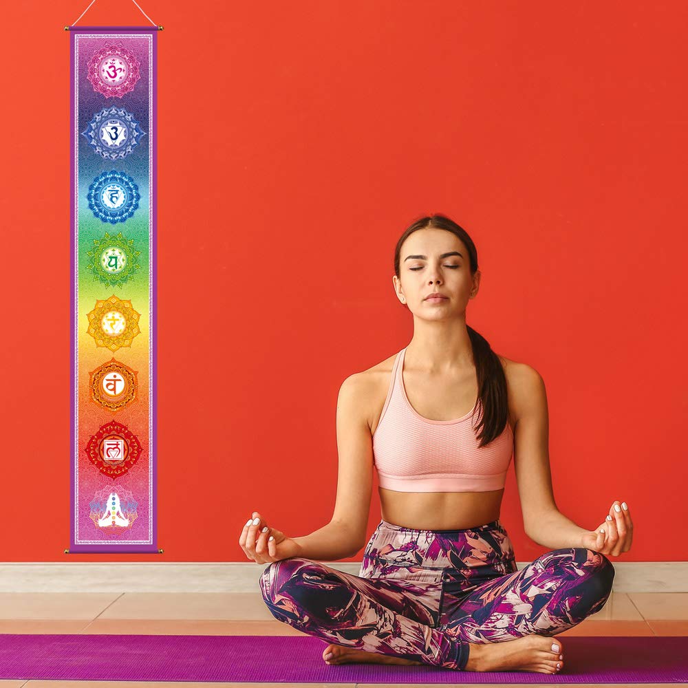 Funnytree 12"x71" Large Yoga Tapestry Meditation Studio Room 7 Chakra Mandala Hanging Banner Wall Poster Door Decor Porch Sign Indoor Outdoor Durable Fabric