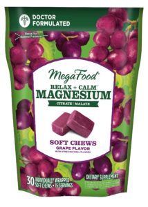 megafood relax + calm magnesium supplement - soft chews with magnesium citrate & magnesium malate for heart health, muscle tension & more - vegetarian - grape-flavor - 30 chews per pack (pack of 1)