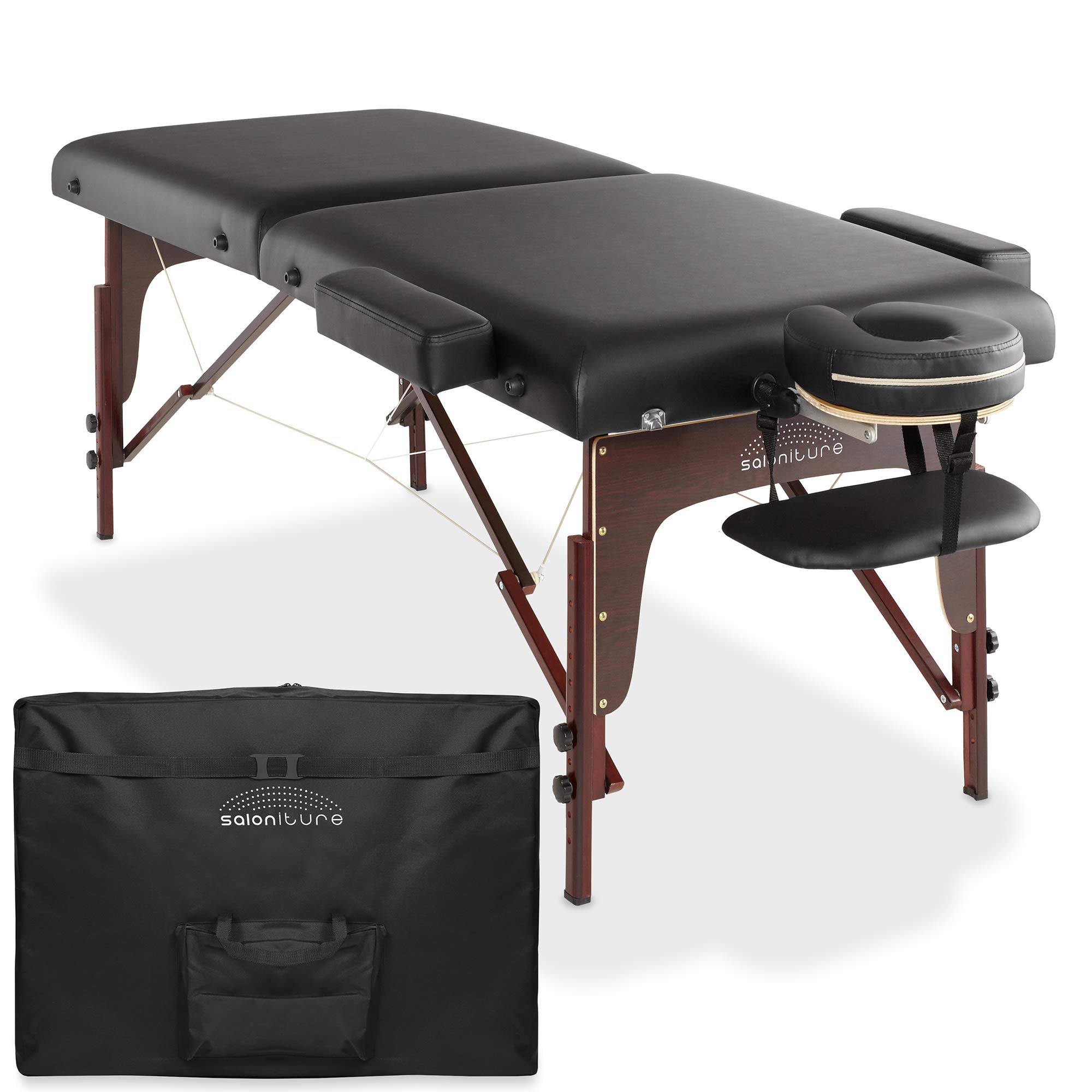 Saloniture Professional Portable Lightweight Bi-Fold Memory Foam Massage Table with Reiki Panels - Includes Headrest, Face Cradle, Armrests and Carrying Case - Black