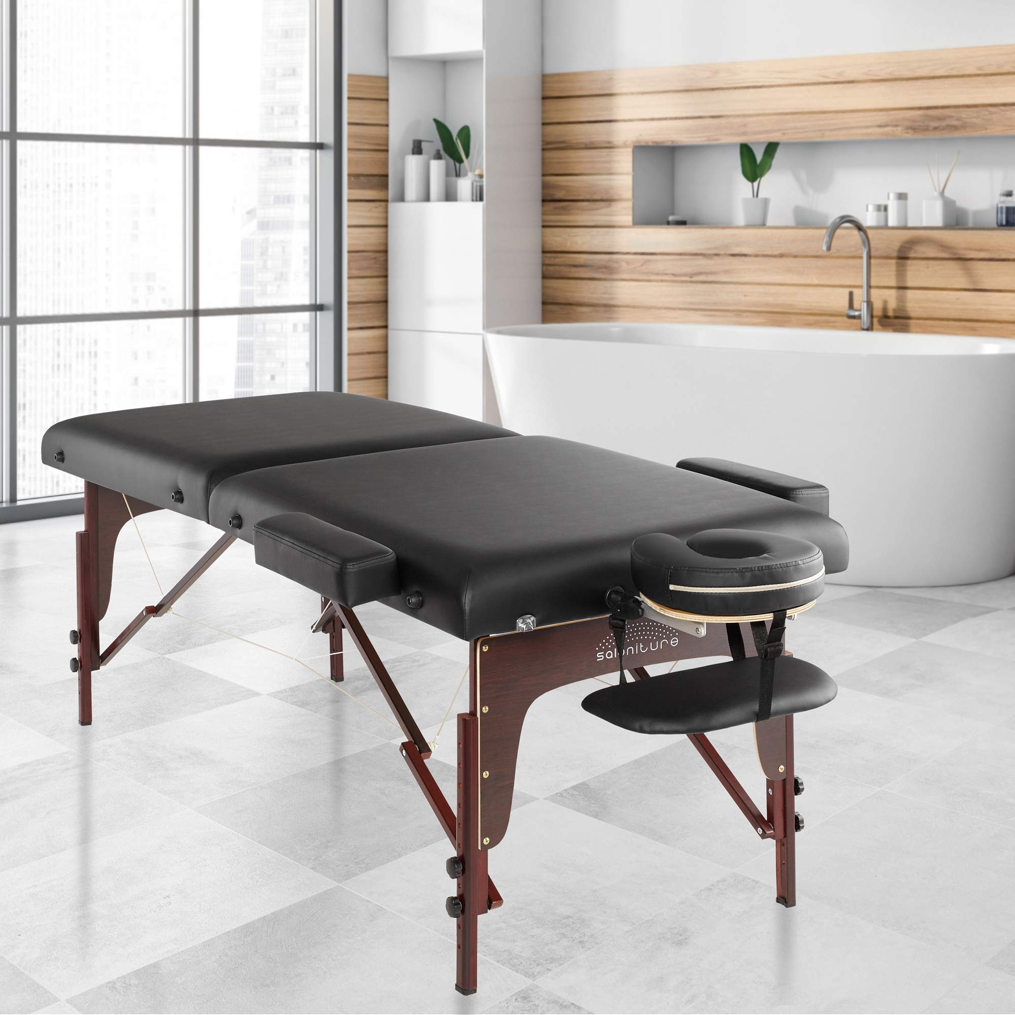 Saloniture Professional Portable Lightweight Bi-Fold Memory Foam Massage Table with Reiki Panels - Includes Headrest, Face Cradle, Armrests and Carrying Case - Black