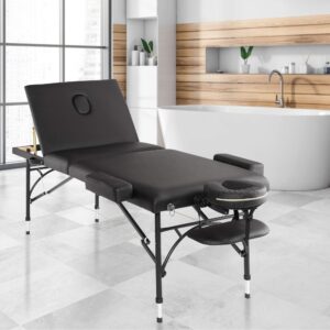 Saloniture Professional Portable Lightweight Tri-Fold Massage Table with Aluminum Legs - Includes Headrest, Face Cradle, Armrests and Carrying Case - Black