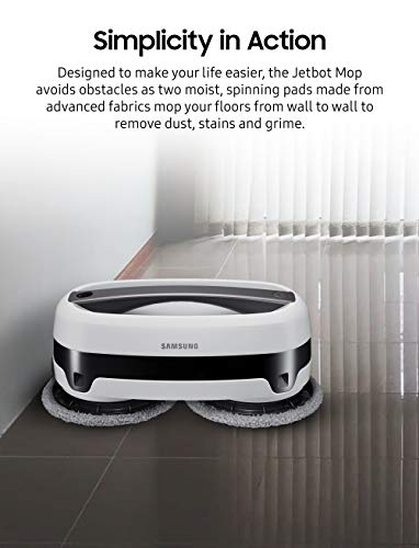 SAMSUNG Jetbot Mop, Cordless Robot Floor Cleaner, Wet Cleaning w/ Dual Spinning Pads, Smart Sensor to Clean Tile, Vinyl, Laminate, Hardwood Floors, Long Battery Life, VR20T6001MW, White