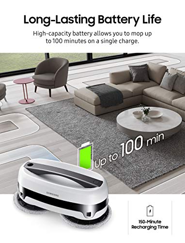 SAMSUNG Jetbot Mop, Cordless Robot Floor Cleaner, Wet Cleaning w/ Dual Spinning Pads, Smart Sensor to Clean Tile, Vinyl, Laminate, Hardwood Floors, Long Battery Life, VR20T6001MW, White