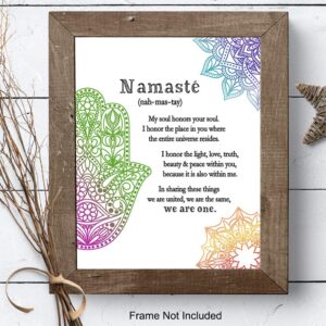 Zen Decor, Namaste Wall Decor, Buddha Wall Art - 8x10 Poster Print for Yoga Meditation Room, Spa Decoration - Spiritual Buddhist Gift With Hamsa Hand of Fatima, Mandala, Lotus