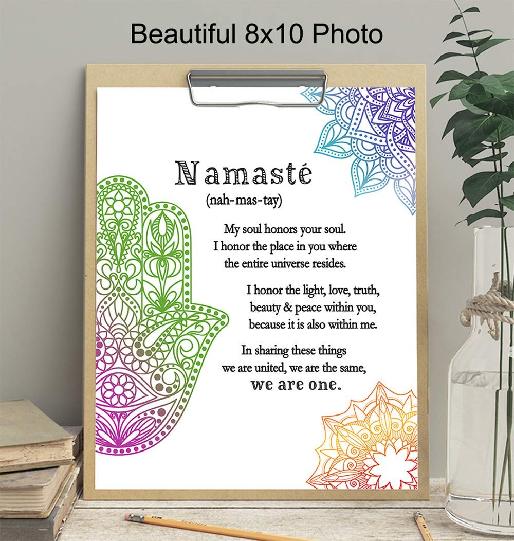 Zen Decor, Namaste Wall Decor, Buddha Wall Art - 8x10 Poster Print for Yoga Meditation Room, Spa Decoration - Spiritual Buddhist Gift With Hamsa Hand of Fatima, Mandala, Lotus