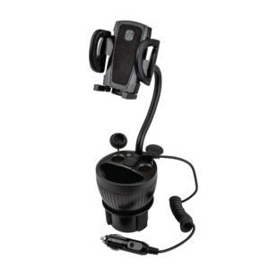 scosche uh2pcup powerhub phone and cup holder mount for vehicles, 4'' adjustable mount arm, charge 4 devices, flexible neck