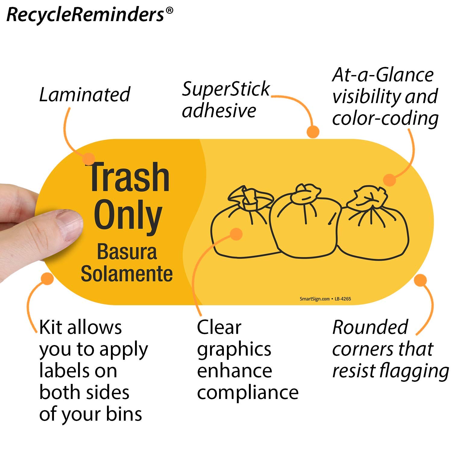 SmartSign (Pack of 4) 3.75 x 9 inch “Trash Only - Basura Solamente” Bilingual Sticker Labels with Symbol, 5 mil Laminated Polyester with SuperStick Adhesive, Yellow and Black