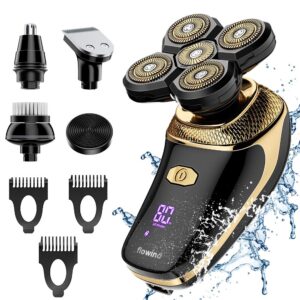 head shavers for bald men-flowind electric razor for men with led display, faster-charging 5d floating waterproof mens shaver with hair clippers,nose hair trimmer gold…