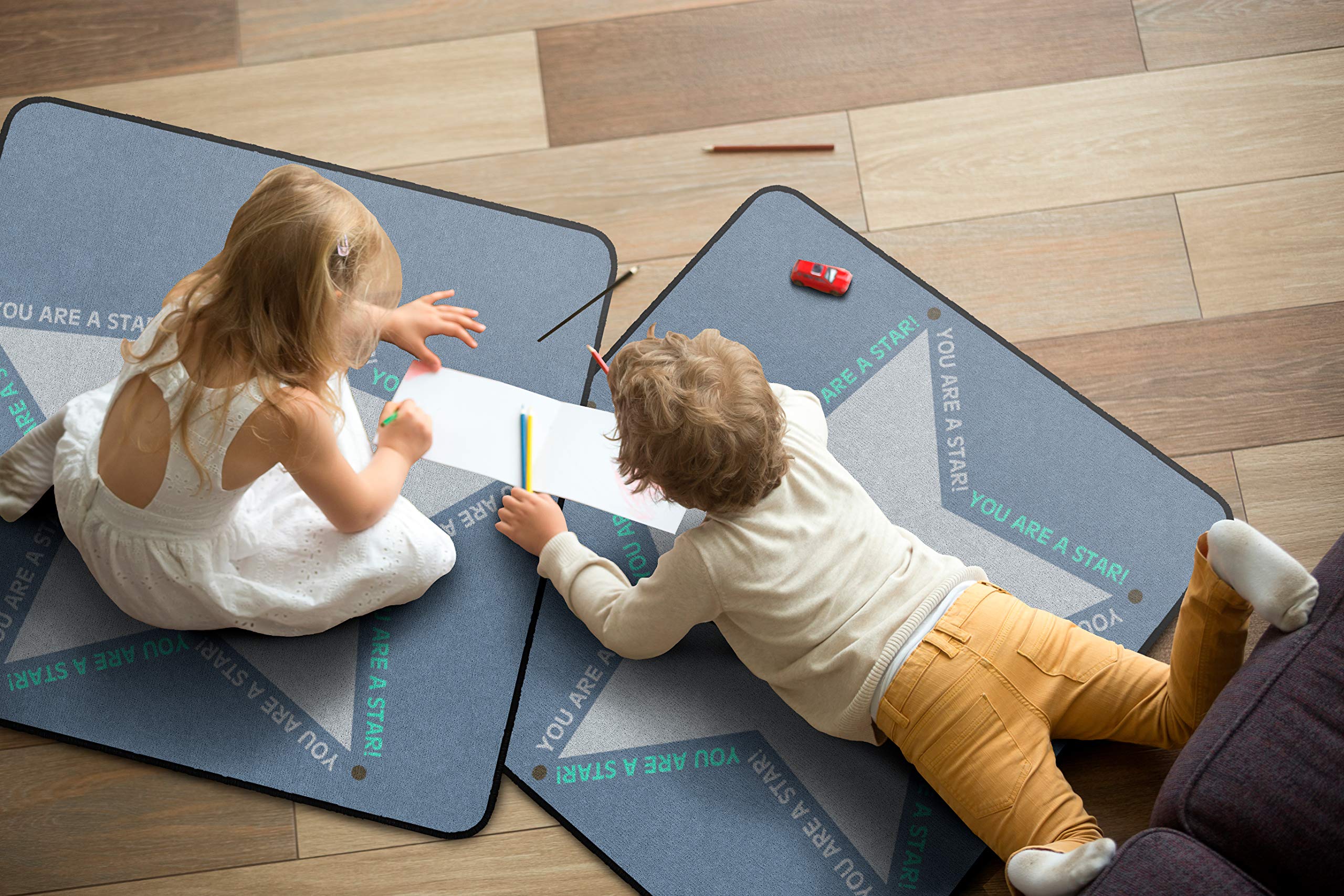 Flagship Carpets You are a Star Kid's Floor Seating Square Rug for Home or School Area Rug for Social Distance Learning, Children's Activity Room Carpet for Reading and Playing, 30" x 30", Gray/Teal