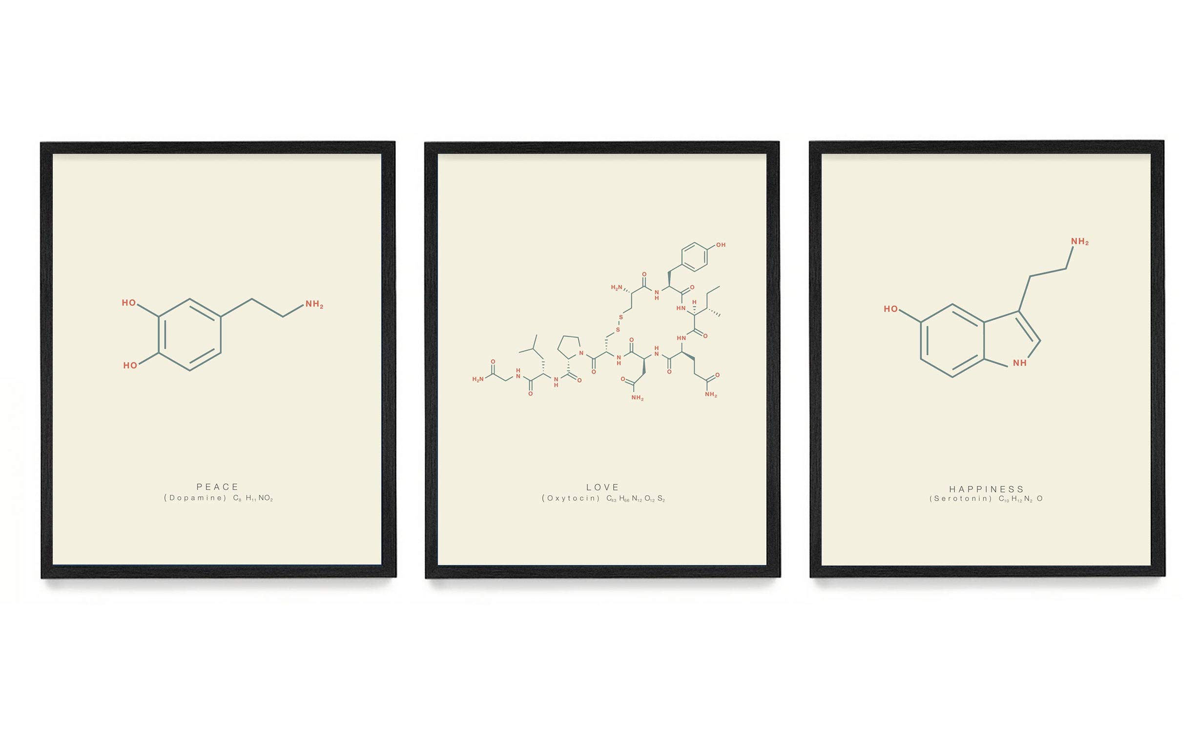 - Peace Love & Happiness Molecule Poster Print - Scientific Wall Art - House Home Décor - Dopamine Oxytocin Serotonin - Set of 3 8x10 Unframed Art Prints