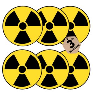 radiation hazard warning label, 3" round, pack of 6 decals, coated paper, yellow/black universal radiation symbol stickers, self-adhesive radioactive sign