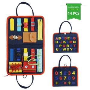 busy board for toddlers age 1-6, montessori early education activity toddler toys for basic skills learning,dress and alphabet spell cognition, bag designed enlighten toy for infants, boys and girls