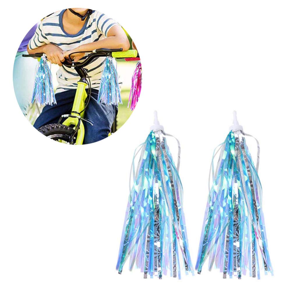 Garneck Bike Glitter Tassels Bicycle Tassel Ribbon Scooter Handlebar Streamers Bicycle Grips Ribbon Easy Attach to Bikes Handlebars for Kids Children 4pcs (Blue Silver) Kids Bike Accessories