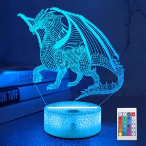 lampeez 3d dragon lamp night light 3d illusion lamp for kids, 16 colors changing with remote, kids bedroom decor as xmas holiday birthday gifts for boys girls