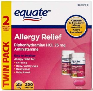 equate allergy relief diphenhydramine hci, 25mg antihistamine, 100 tablets, twin pack