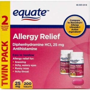 Equate Allergy Relief Diphenhydramine HCI, 25mg Antihistamine, 100 Tablets, Twin Pack