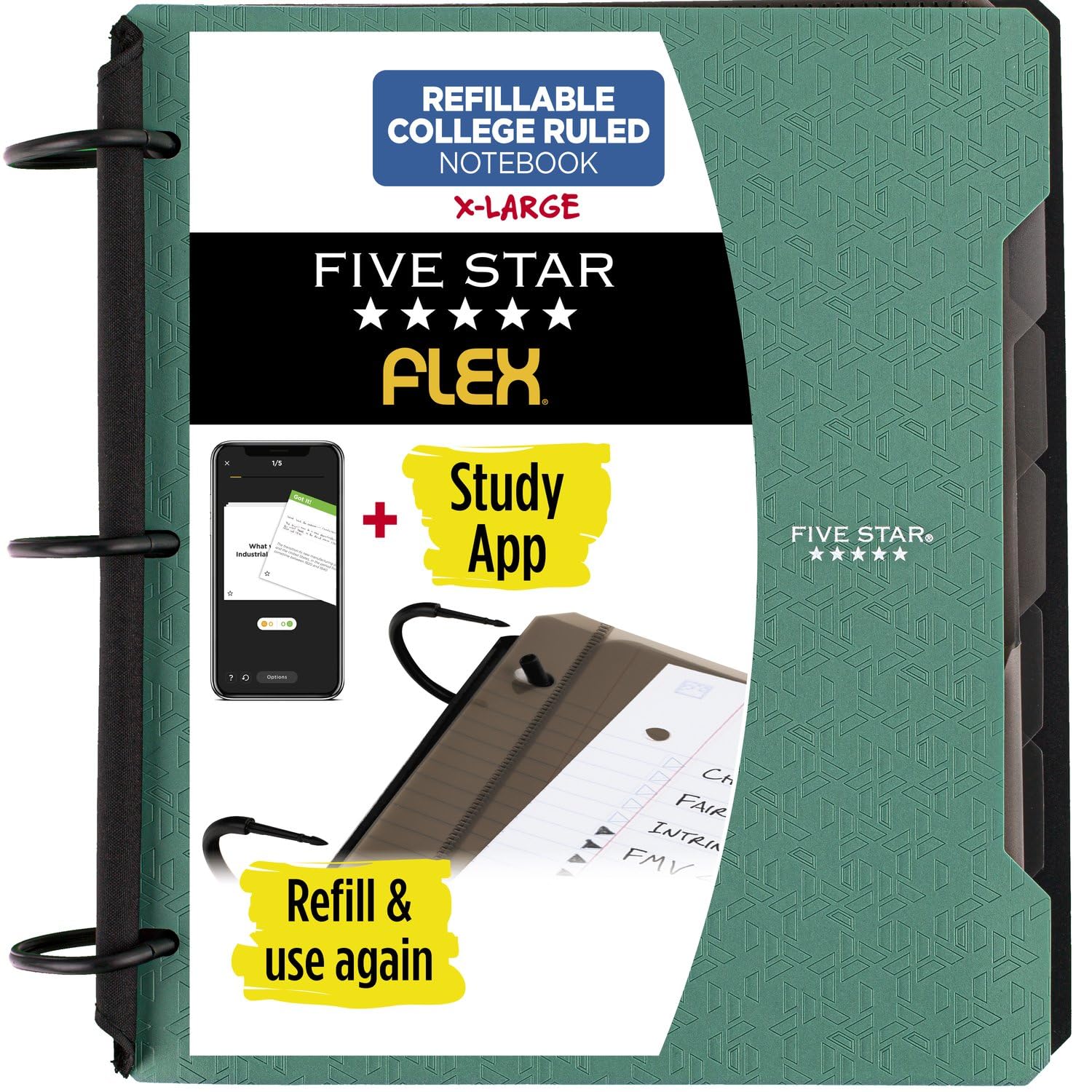 Five Star Flex Refillable Notebook + Study App, College Ruled Paper, 1-1/2 Inch TechLock Rings, Pockets, Tabs and Dividers, 300 Sheet Capacity, Color Will Vary (29328)