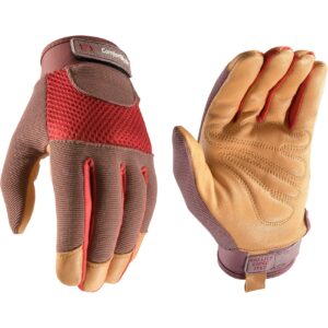 wells lamont women's breathable comforthyde leather hybrid work gardening gloves, small (7872s), red