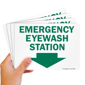 smartsign (pack of 4) 5 x7 inch “emergency eyewash station” sticker labels with down arrow, 5 mil laminated polyester with superstick adhesive, green and white