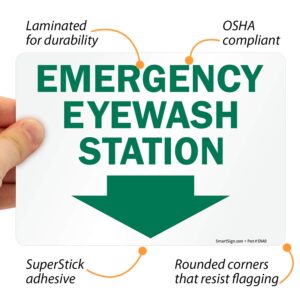 SmartSign (Pack of 4) 5 x7 inch “Emergency Eyewash Station” Sticker Labels with Down Arrow, 5 mil Laminated Polyester with SuperStick Adhesive, Green and White