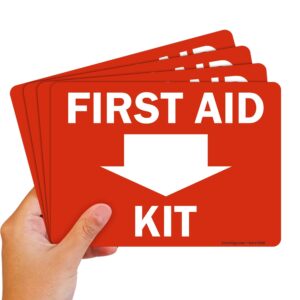 smartsign (pack of 4) 5 x7 inch “first aid kit” sticker labels with down arrow, 5 mil laminated polyester with superstick adhesive, red and white